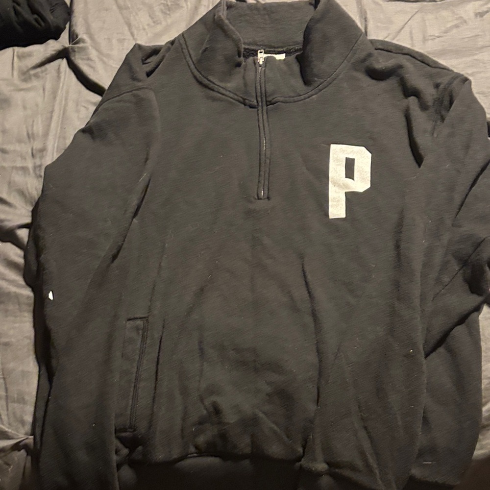 PINK Victoria's Secret Black Zip-Up Sweater with Silver 'P' Logo